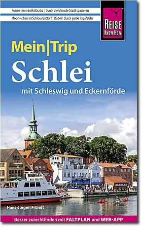 Buchcover des Reiseführers MeinTrip Schlei mit Schleswig und Eckernförde von Reise Know-How vor einer Hafen- und Stadtkulisse